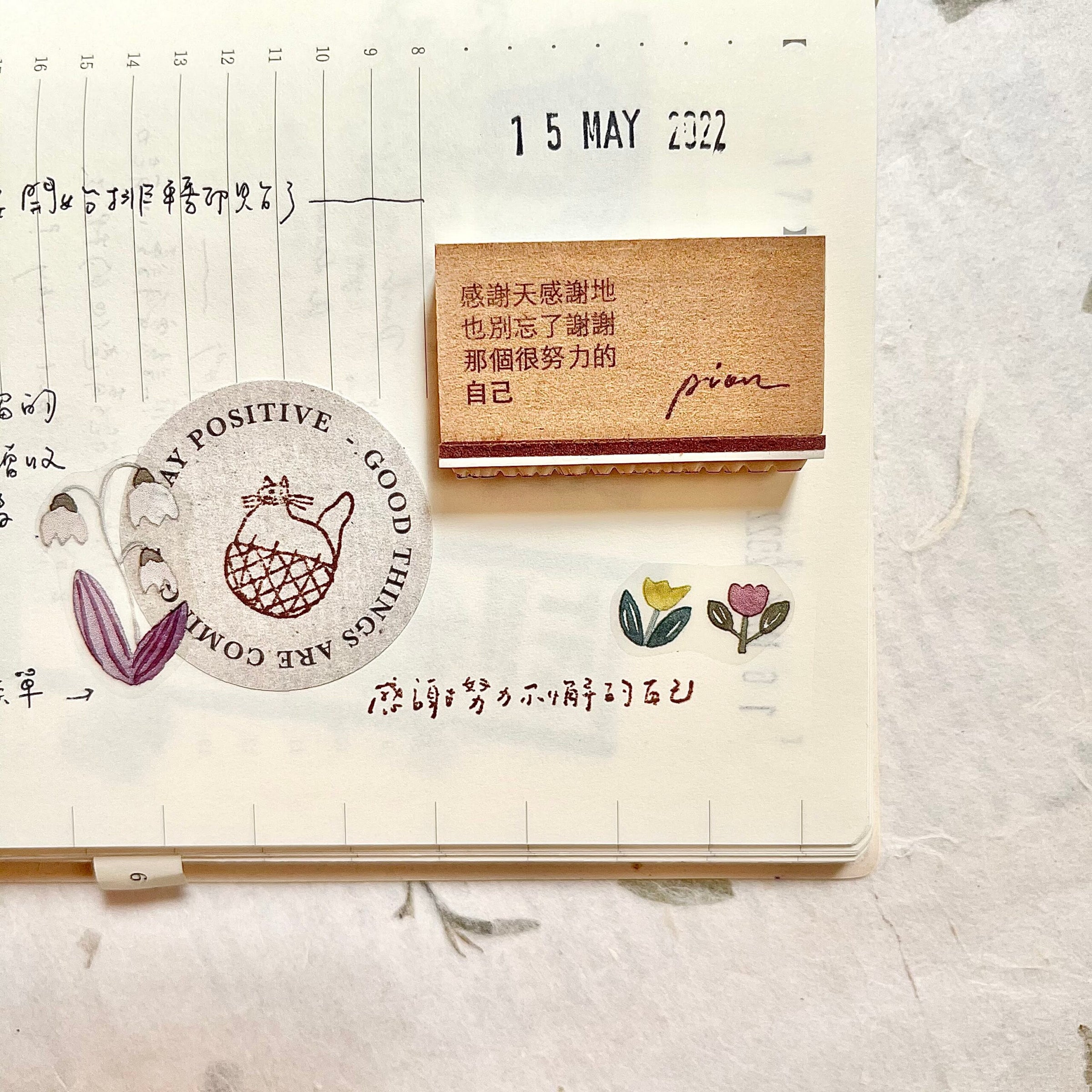 Pion Rubber Stamp 今天也好好生活了呢 (Live well today) 感謝努力不懈的自己 (Thanks myself who made the effort) 致始終如一的我們 (To us that being us)